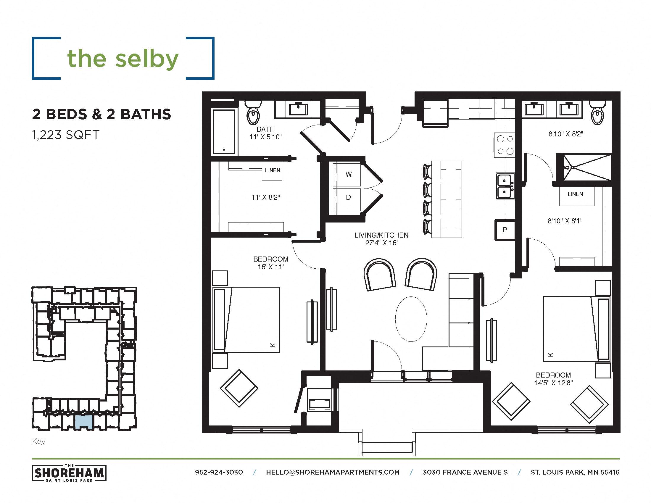 Floor plan for 2 beds, 2 baths, 1224 sqft